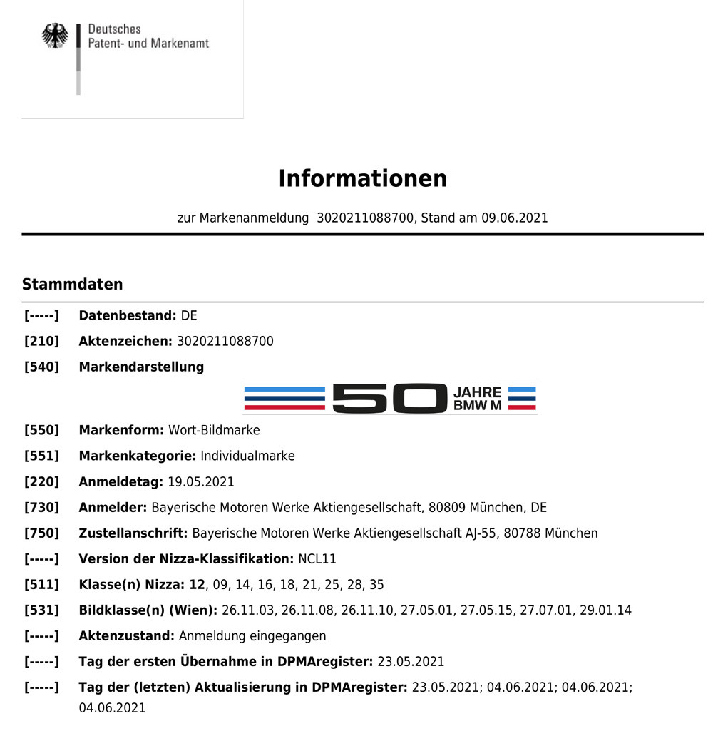 「50 JAHRE BMW M（寶馬M 50周年）」商標